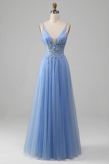 Light Blue A-Line V Neck Tulle Ball Dress With Appliques